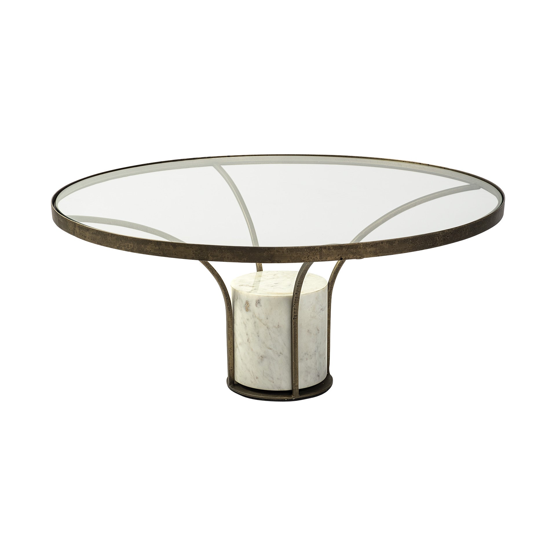 Antiqued Gold & White Glass Iron & Marble Round Pedestal Coffee Table image 2