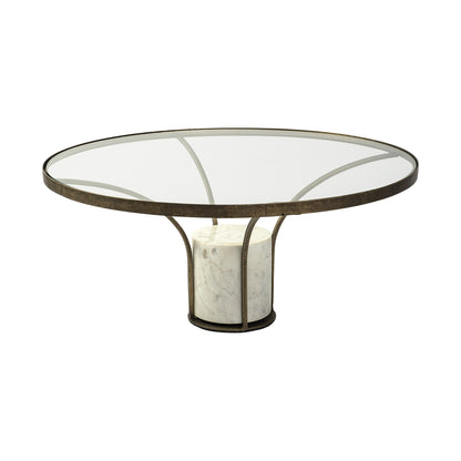 Antiqued Gold & White Glass Iron & Marble Round Pedestal Coffee Table image 2