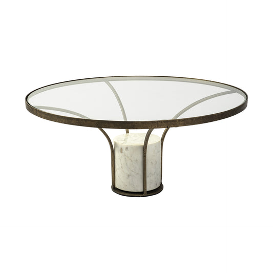 Antiqued Gold & White Glass Iron & Marble Round Pedestal Coffee Table image 2