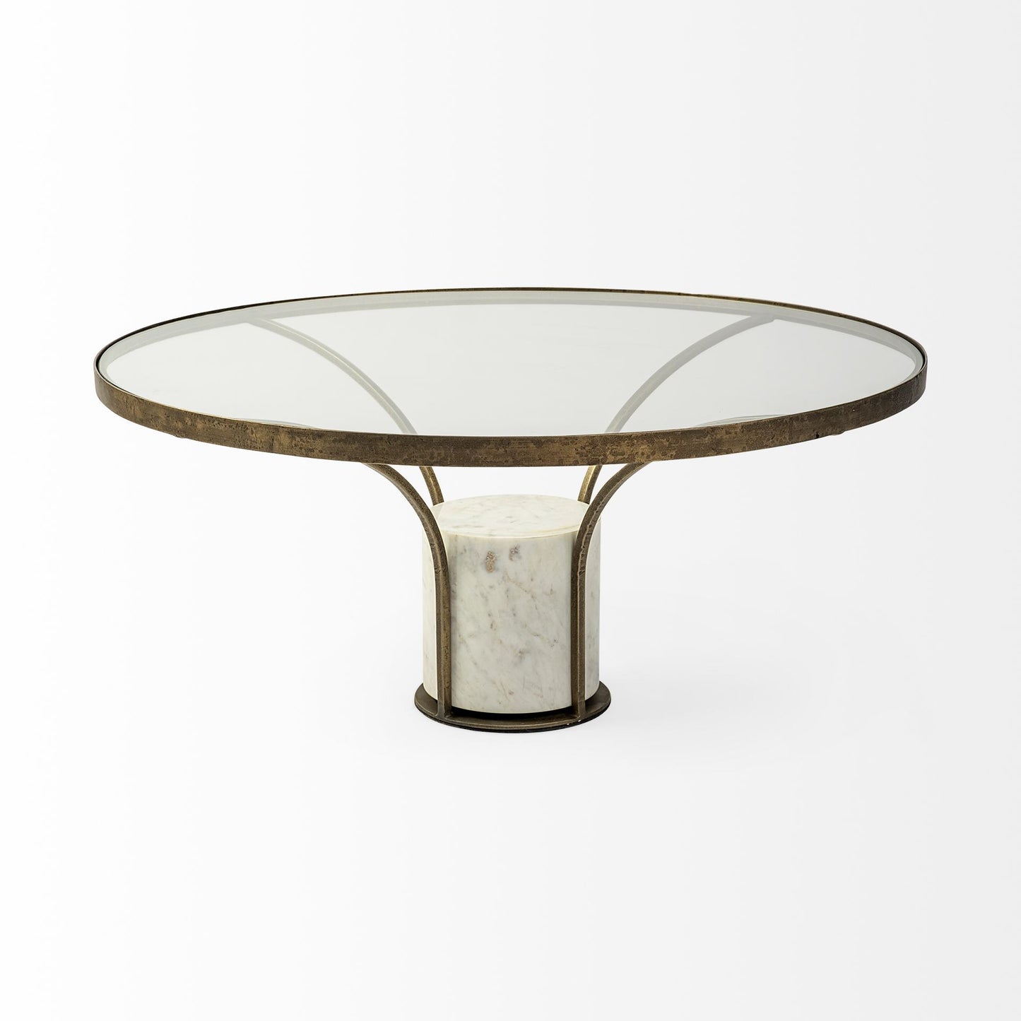 Antiqued Gold & White Glass Iron & Marble Round Pedestal Coffee Table image 3