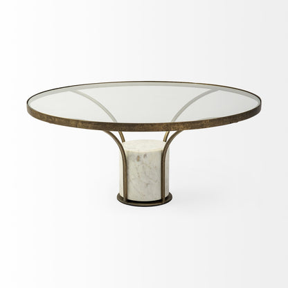 Antiqued Gold & White Glass Iron & Marble Round Pedestal Coffee Table image 3