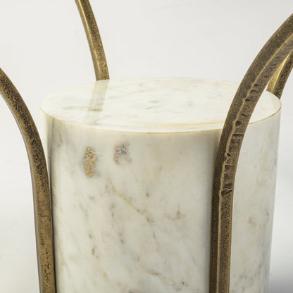 Antiqued Gold & White Glass Iron & Marble Round Pedestal Coffee Table image 8