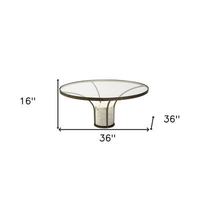 Antiqued Gold & White Glass Iron & Marble Round Pedestal Coffee Table image 9