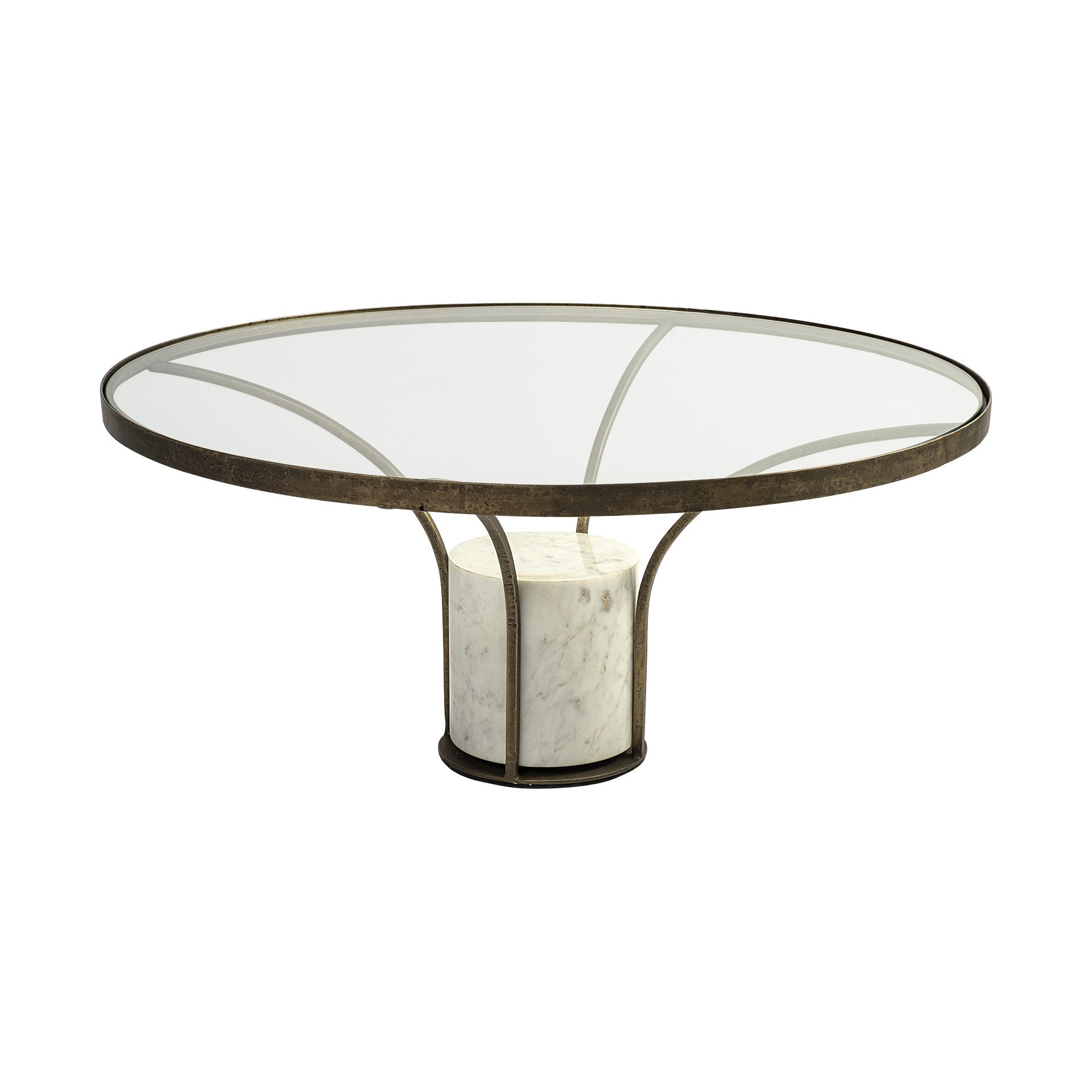 Antiqued Gold & White Glass Iron & Marble Round Pedestal Coffee Table image 6