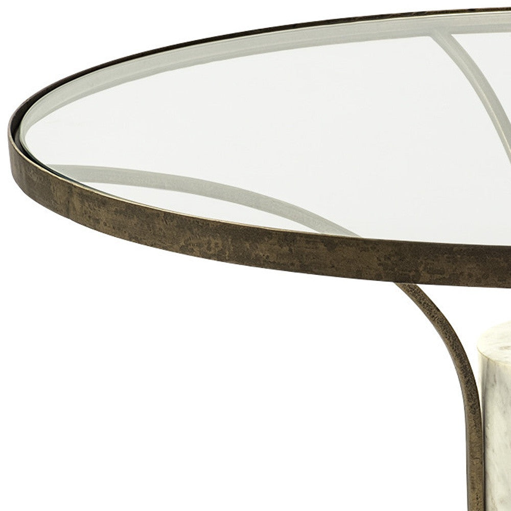 Antiqued Gold & White Glass Iron & Marble Round Pedestal Coffee Table image 7