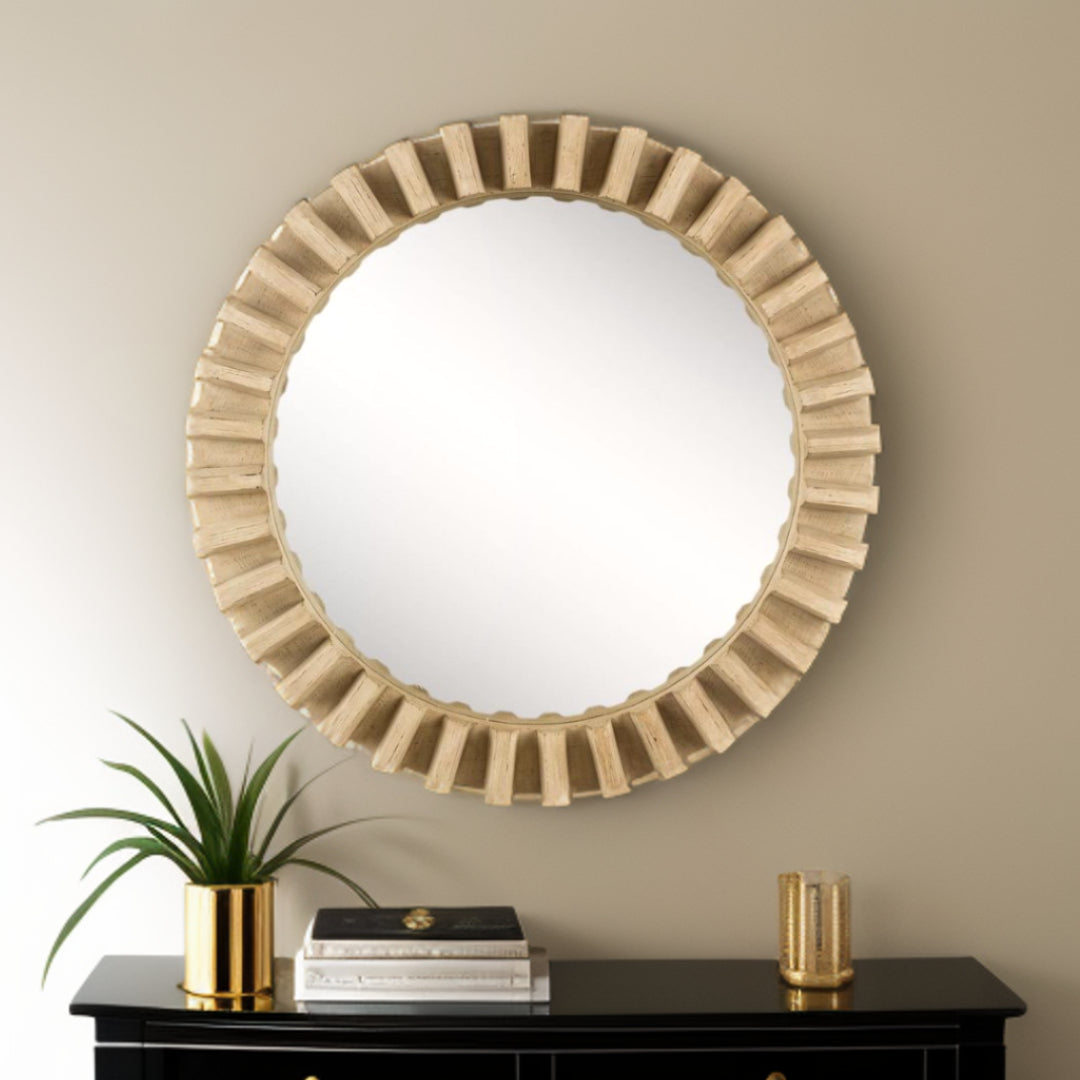 Round Natural Brown Wood Frame Wall Mirror