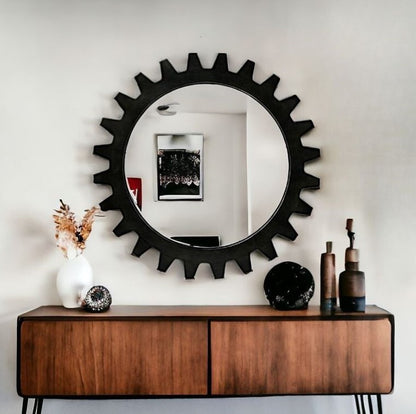 Black Cog Round Metal Frame Wall Mirror