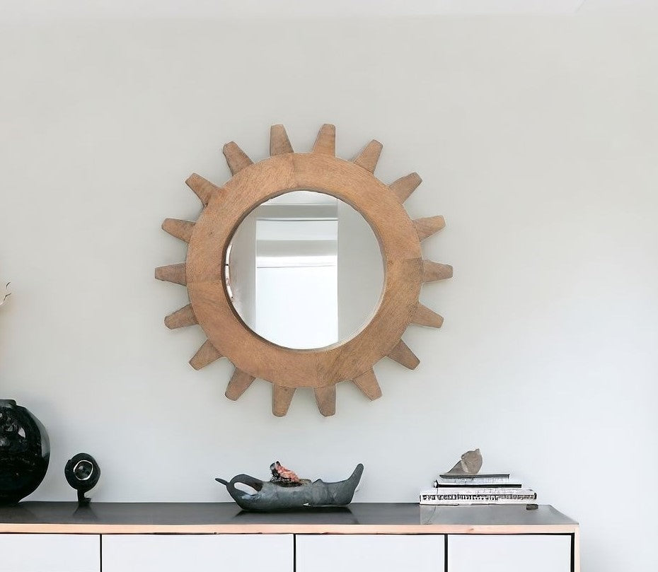 Cog  Round Walnut Finish Frame Wall Mirror
