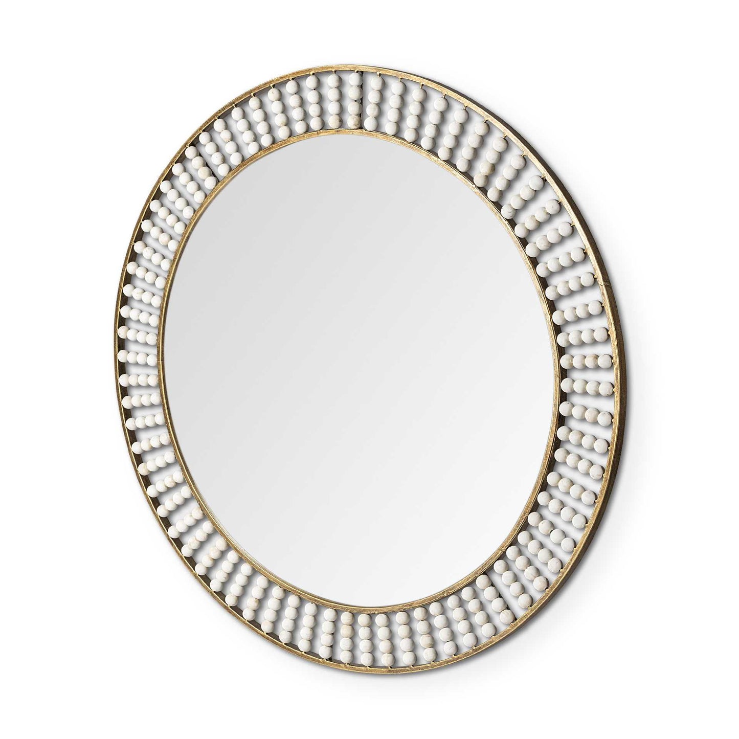 Round Gold Metal Frame Wall Mirror With White Wood Beads