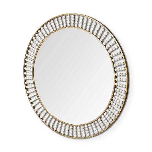 Round Gold Metal Frame Wall Mirror With White Wood Beads