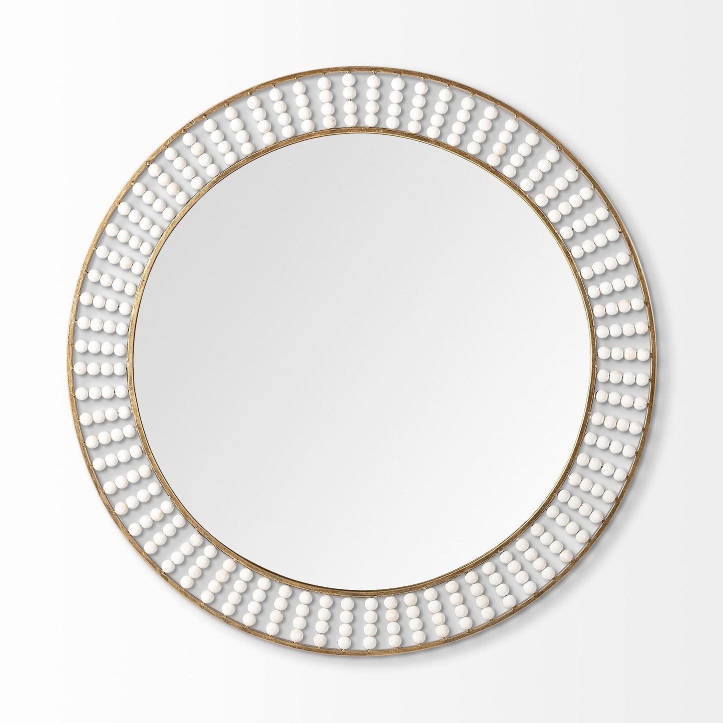 Round Gold Metal Frame Wall Mirror With White Wood Beads
