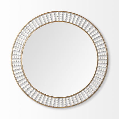Round Gold Metal Frame Wall Mirror With White Wood Beads