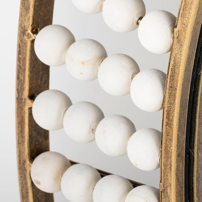 Round Gold Metal Frame Wall Mirror With White Wood Beads