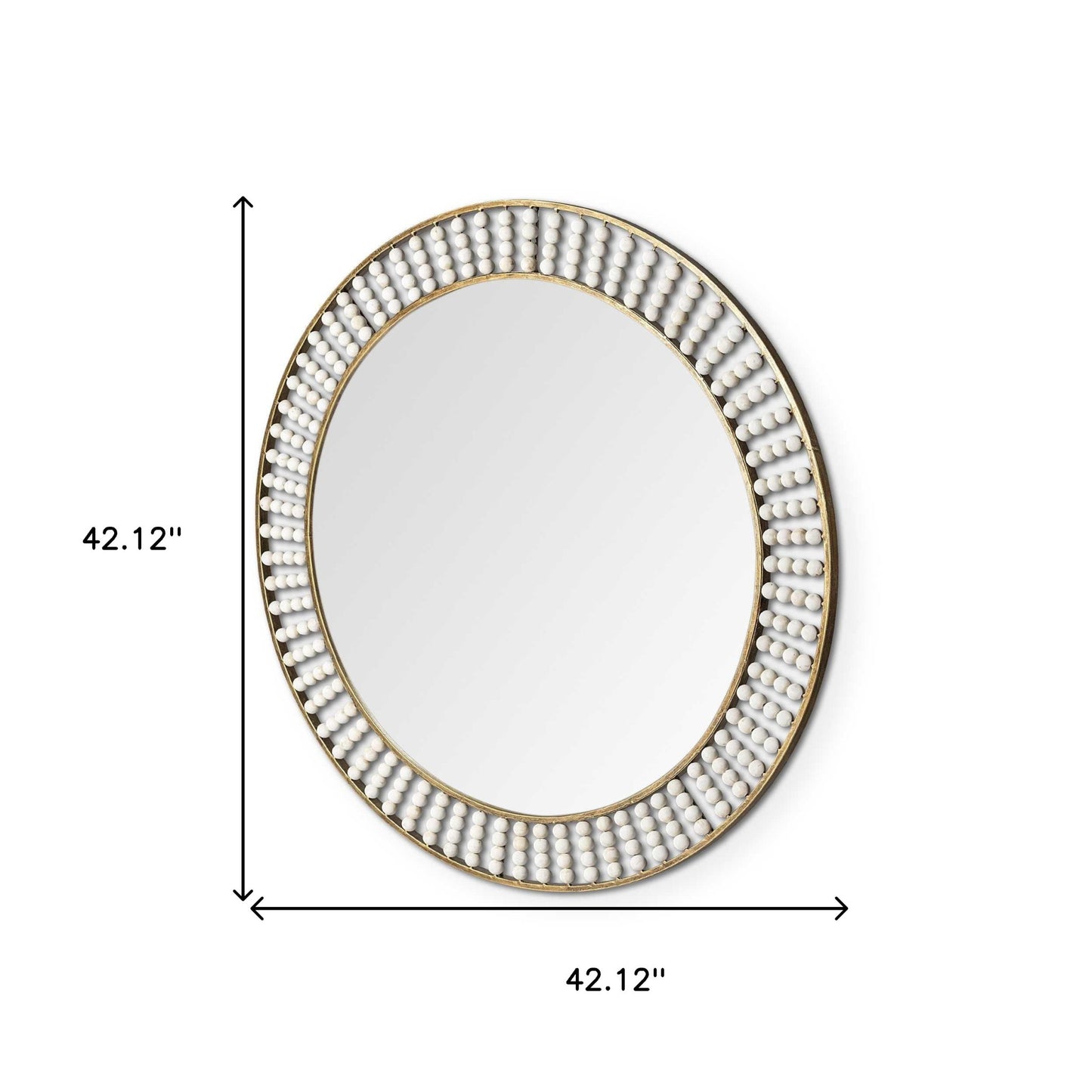 Round Gold Metal Frame Wall Mirror With White Wood Beads