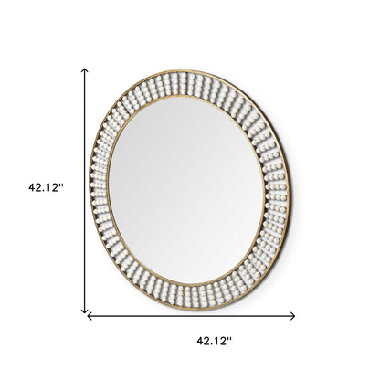 Round Gold Metal Frame Wall Mirror With White Wood Beads