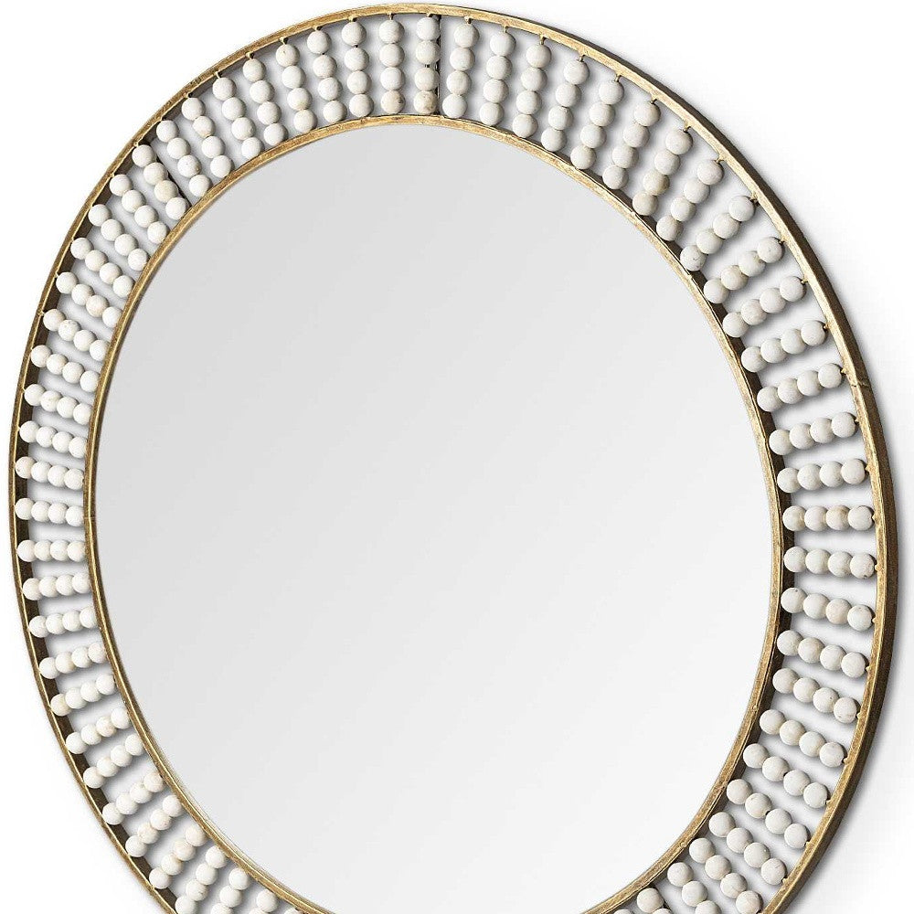Round Gold Metal Frame Wall Mirror With White Wood Beads