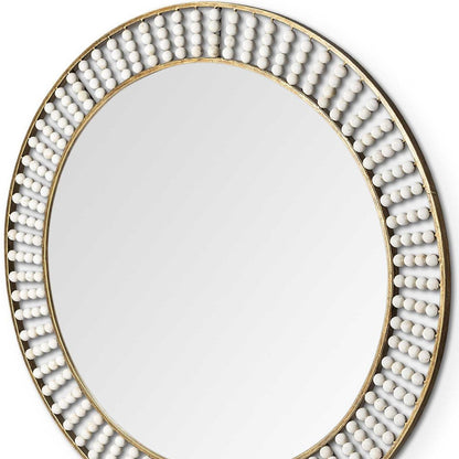 Round Gold Metal Frame Wall Mirror With White Wood Beads