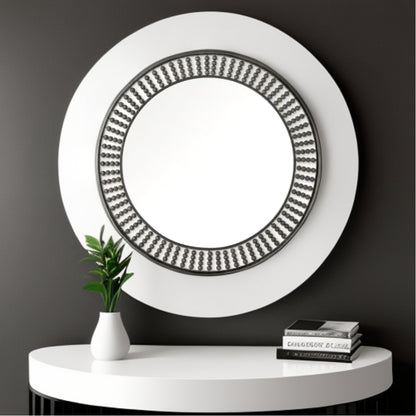 Round Black Metal Frame Wall Mirror With Wood Beads