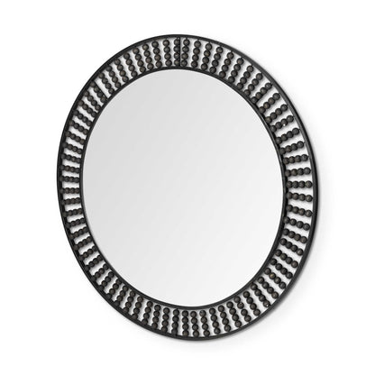 Round Black Metal Frame Wall Mirror With Wood Beads