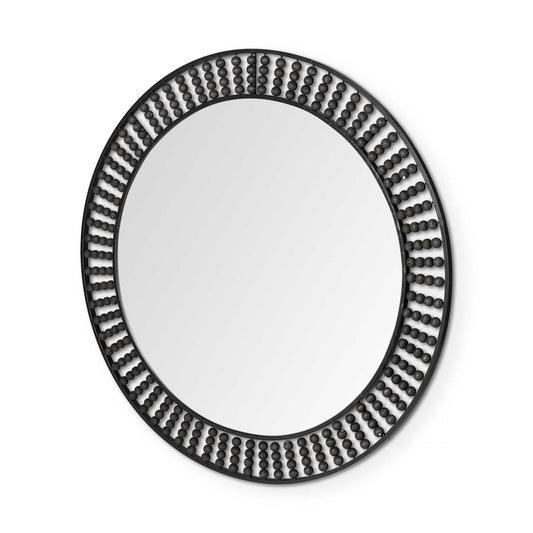 Round Black Metal Frame Wall Mirror With Wood Beads