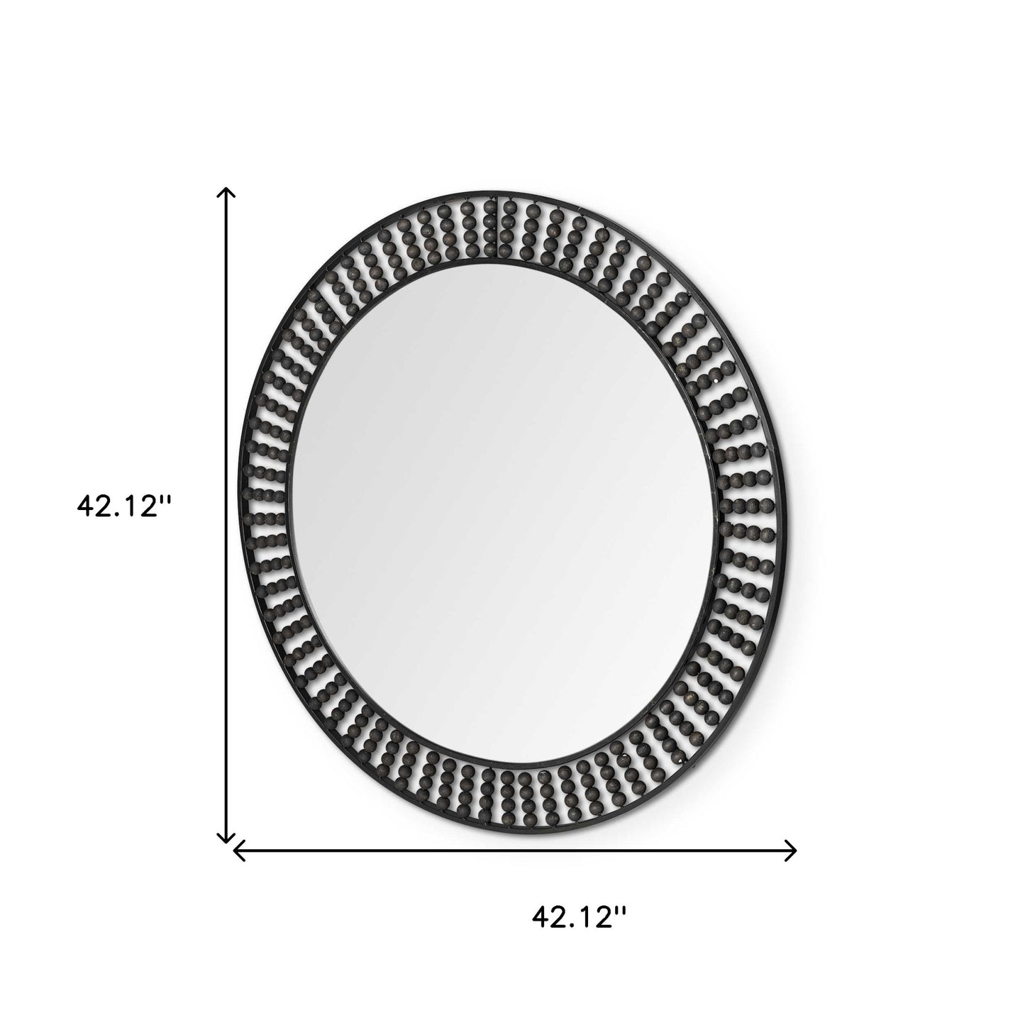 Round Black Metal Frame Wall Mirror With Wood Beads