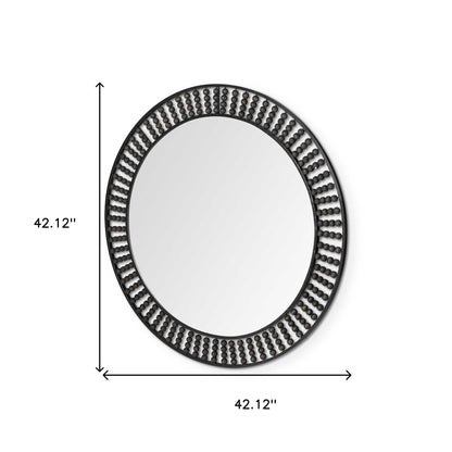 Round Black Metal Frame Wall Mirror With Wood Beads