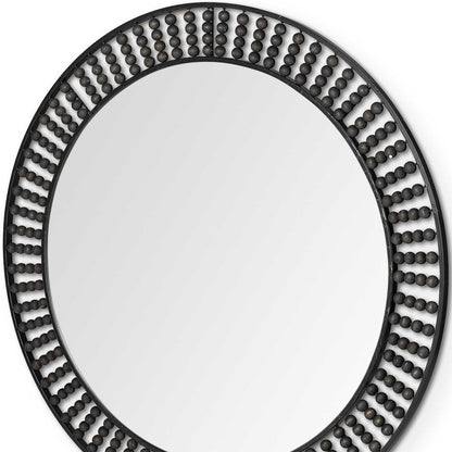 Round Black Metal Frame Wall Mirror With Wood Beads