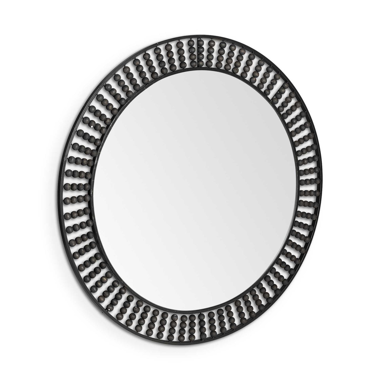 Round Black Metal Frame Wall Mirror With Wood Beads