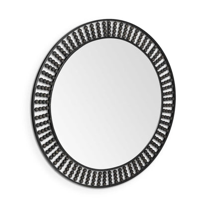 Round Black Metal Frame Wall Mirror With Wood Beads