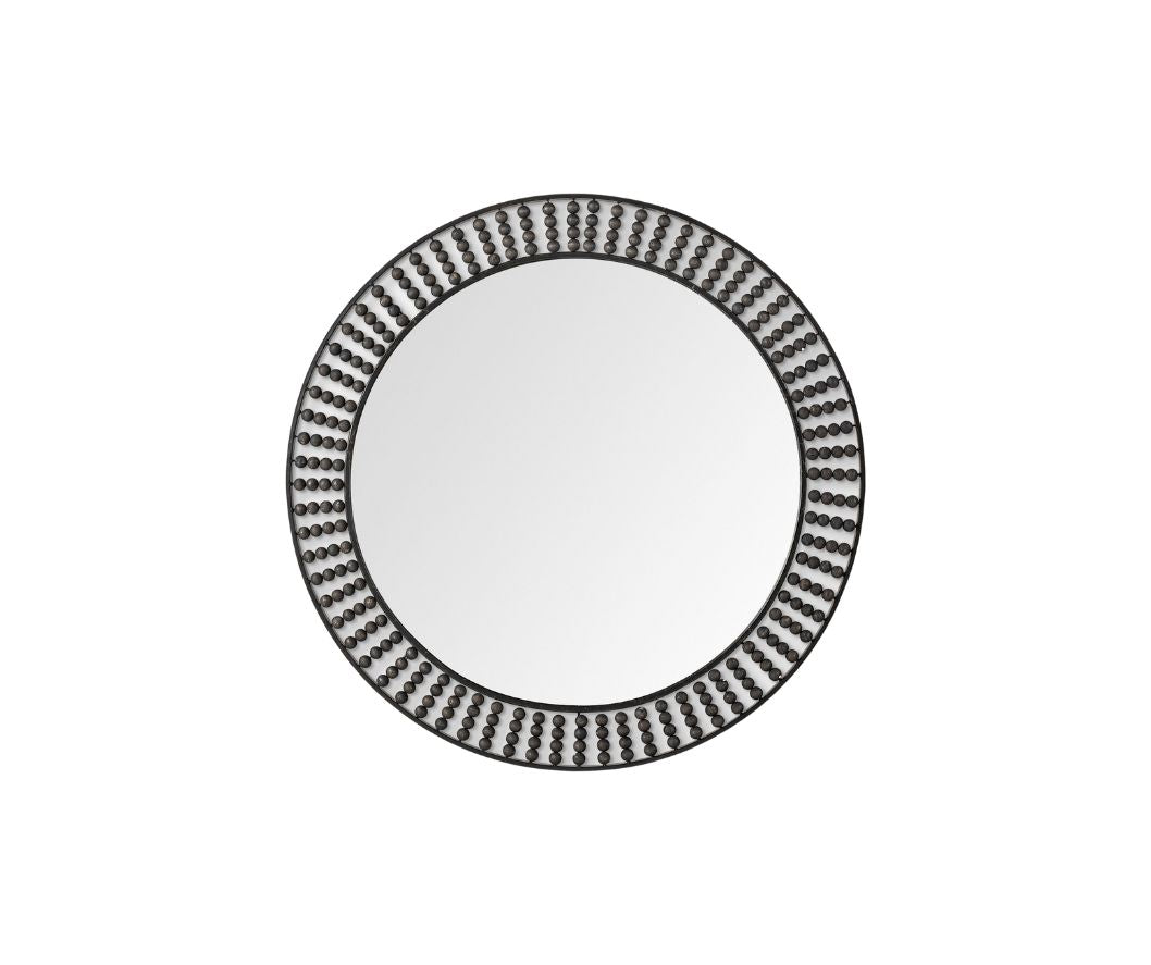 Round Black Metal Frame Wall Mirror With Wood Beads