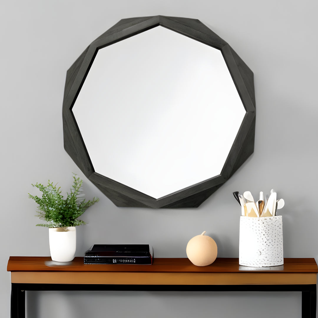 Octagon Black Wood Frame Wall Mirror