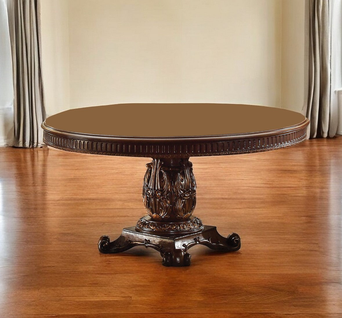 Brown Solid Wood Pedestal Base Dining Table