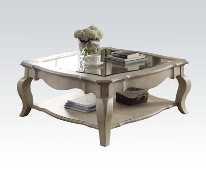 Clear & Taupe Glass & Solid Wood Square Coffee Table