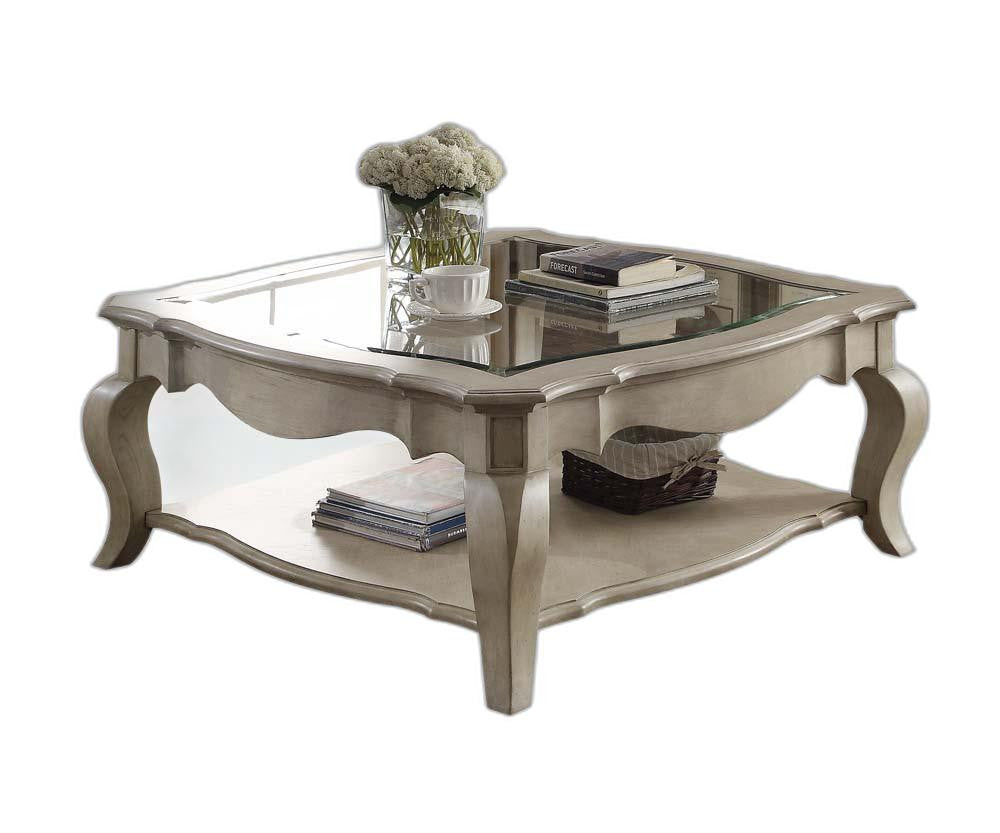 Clear & Taupe Glass & Solid Wood Square Coffee Table
