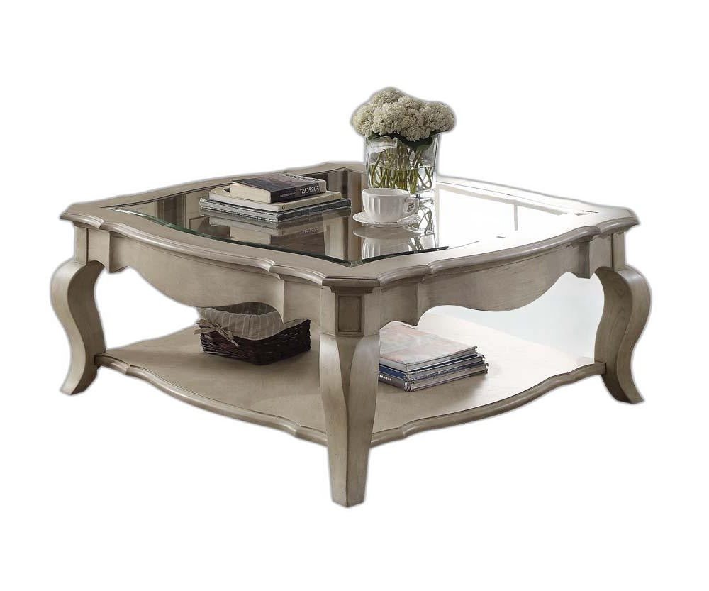 Clear & Taupe Glass & Solid Wood Square Coffee Table