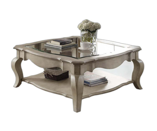 Clear & Taupe Glass & Solid Wood Square Coffee Table