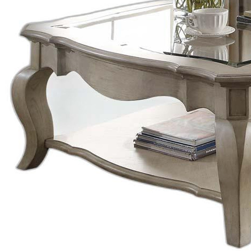 Clear & Taupe Glass & Solid Wood Square Coffee Table