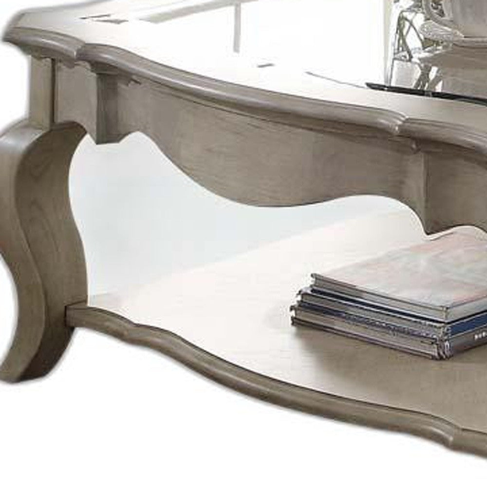 Clear & Taupe Glass & Solid Wood Square Coffee Table
