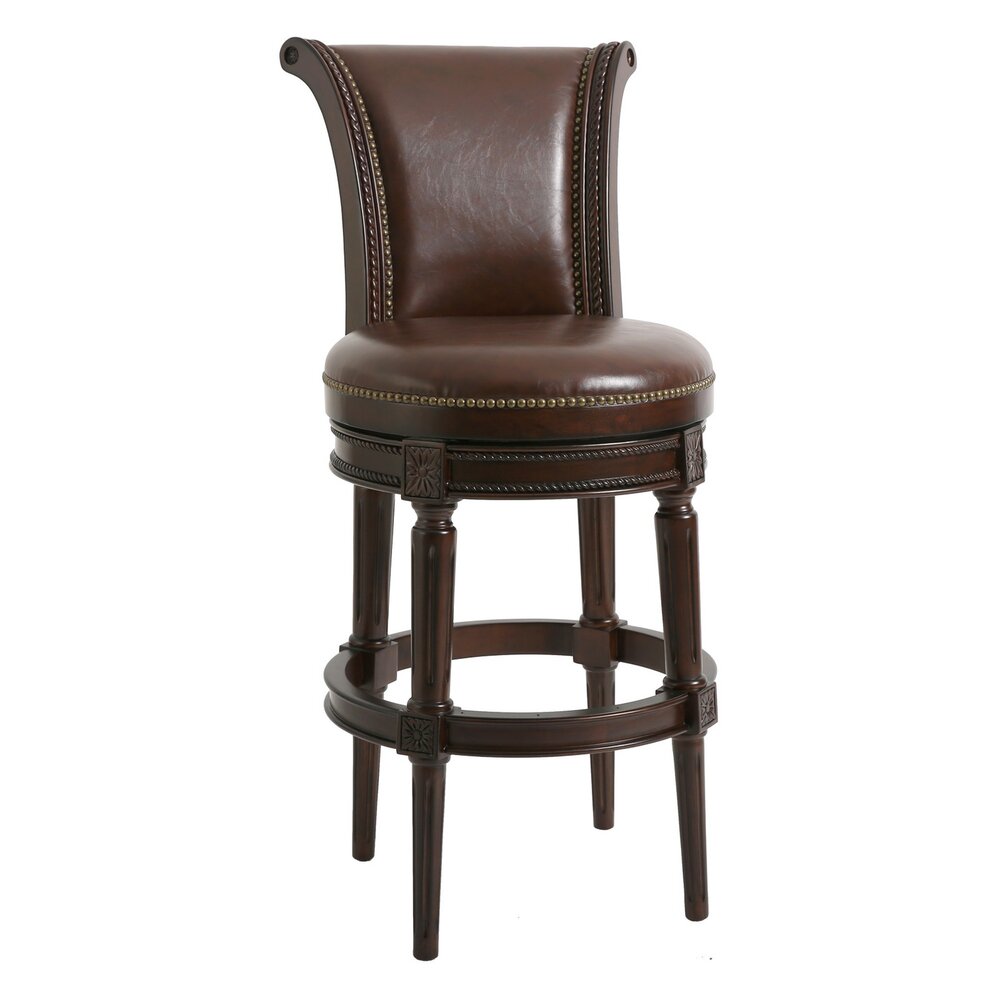 Walnut & Dark Brown Faux Leather & Solid Wood Bar Height Swivel Bar Chair