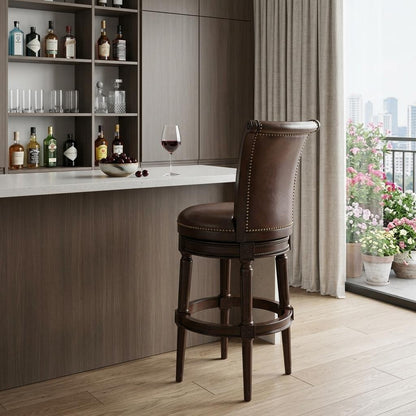 Walnut & Dark Brown Faux Leather & Solid Wood Bar Height Swivel Bar Chair