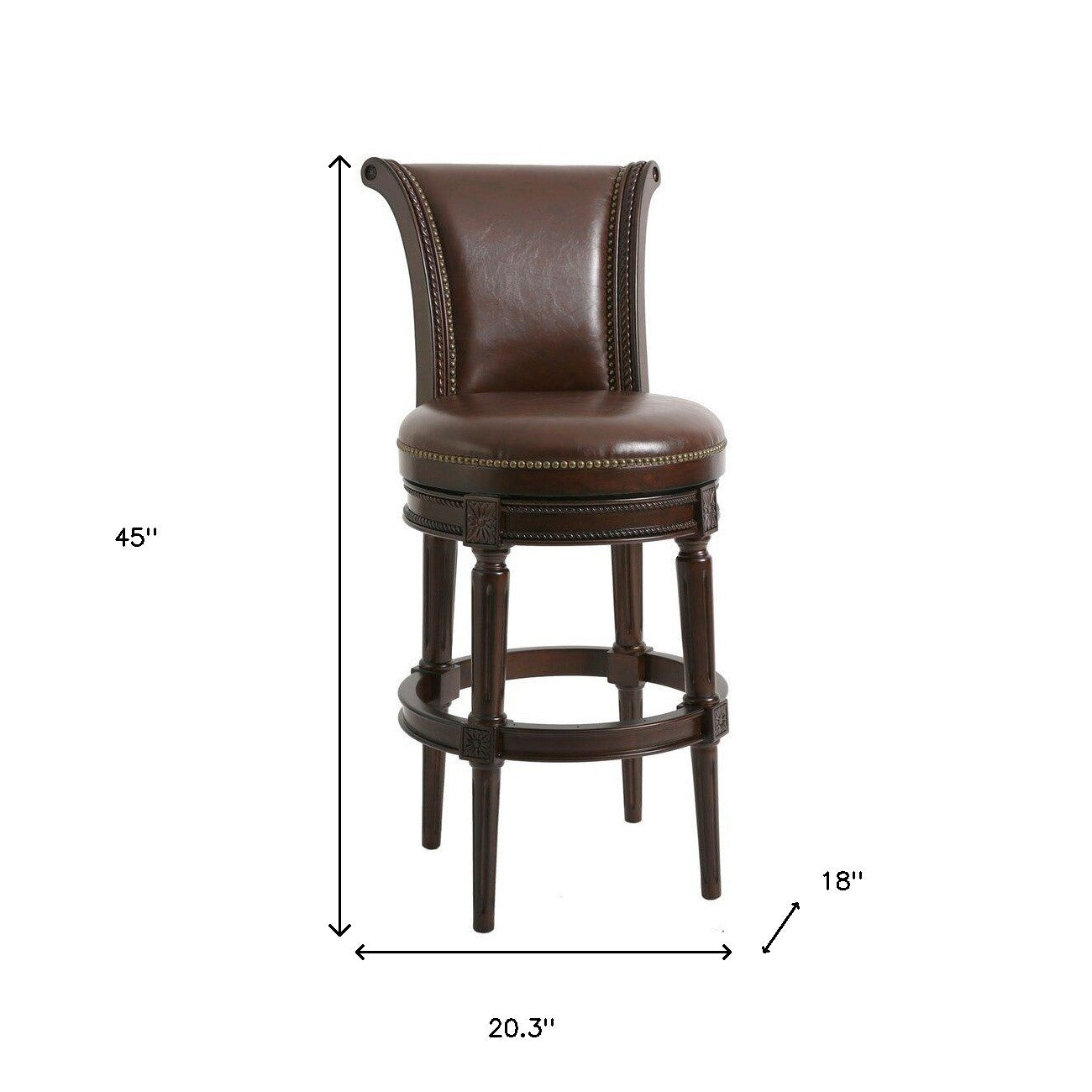 Walnut & Dark Brown Faux Leather & Solid Wood Bar Height Swivel Bar Chair