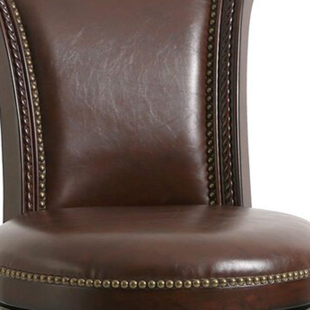Walnut & Dark Brown Faux Leather & Solid Wood Bar Height Swivel Bar Chair