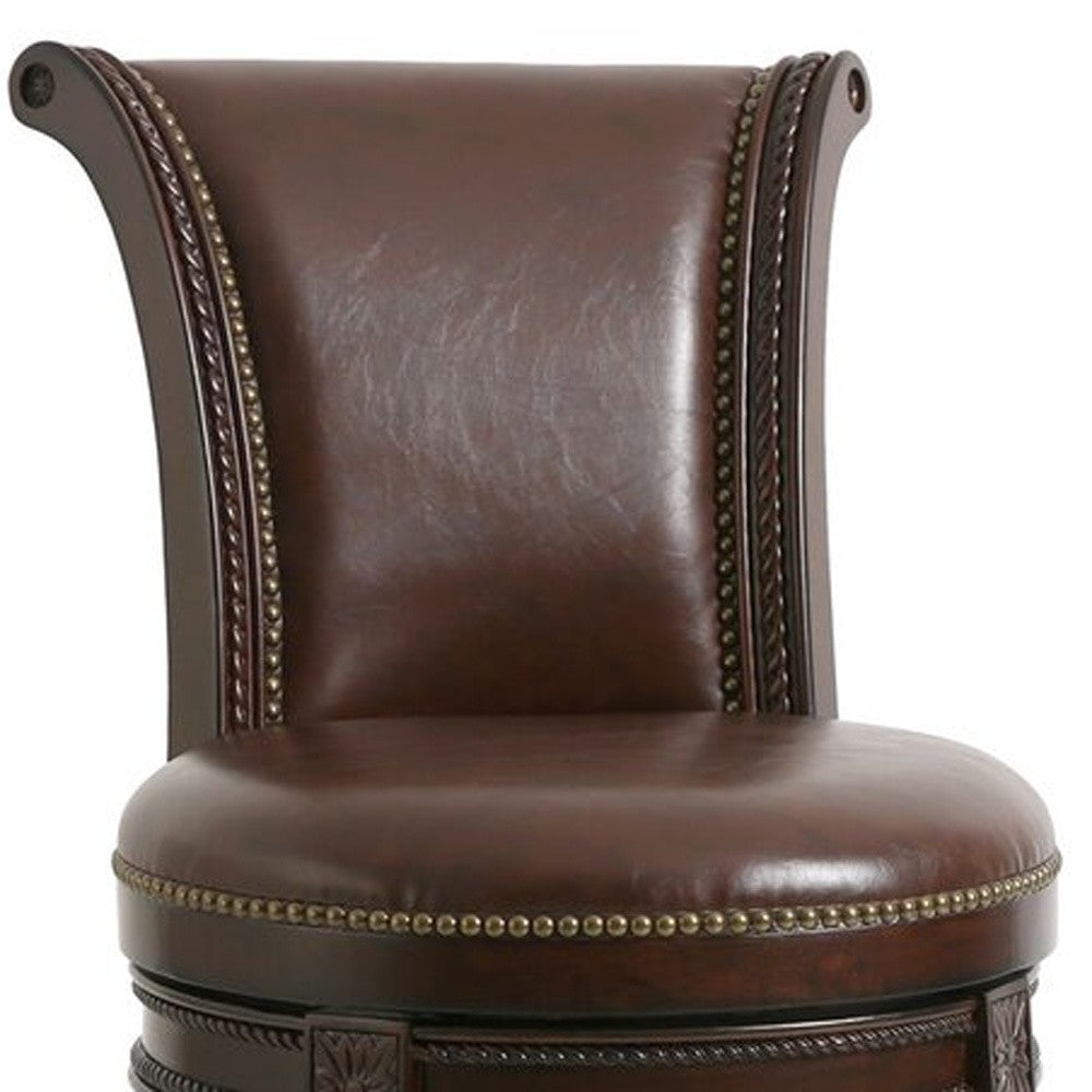 Walnut & Dark Brown Faux Leather & Solid Wood Bar Height Swivel Bar Chair