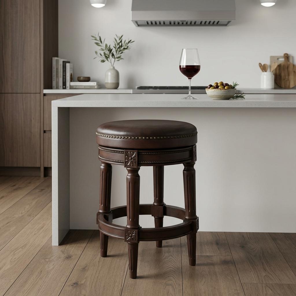 Dark Brown & Brown Faux Leather Backless Counter Height Swivel Bar Chair