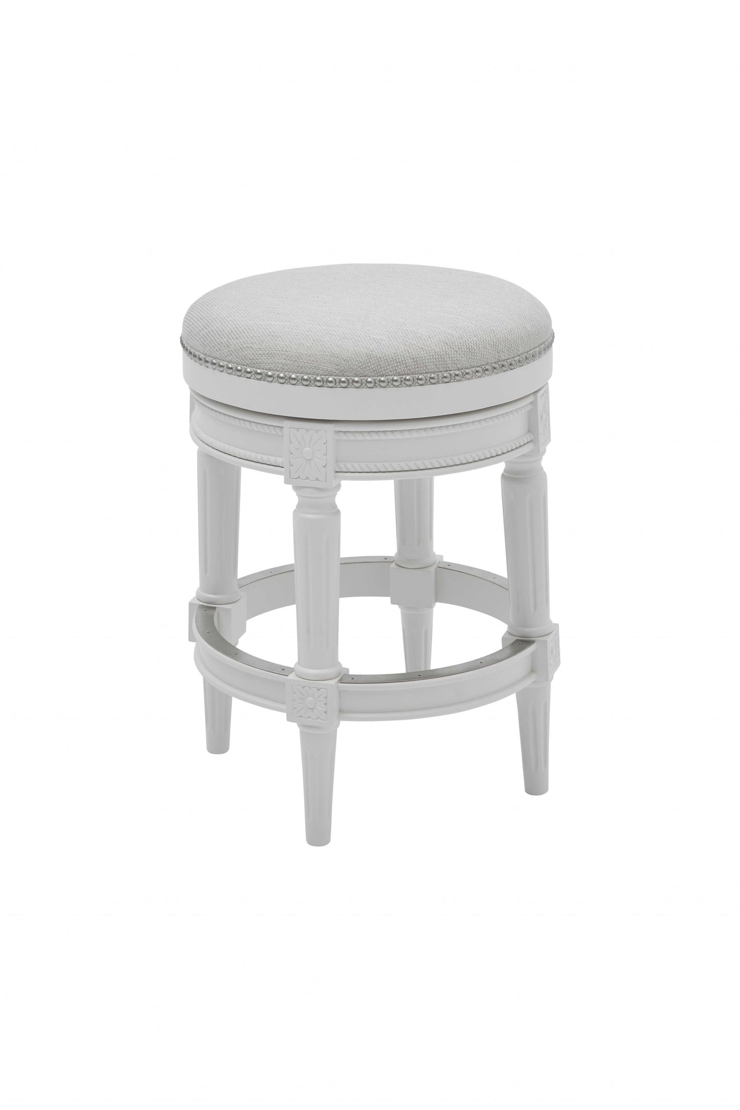 White Solid Wood & Fabric Backless Counter Height Swivel Bar Chair
