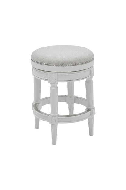 White Solid Wood & Fabric Backless Counter Height Swivel Bar Chair