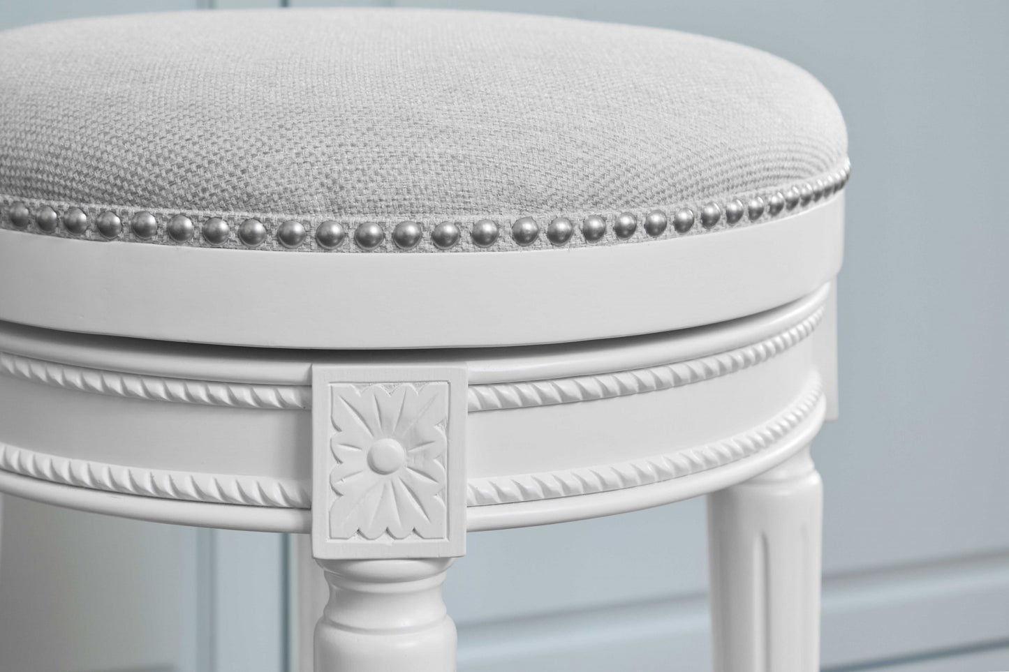 White Solid Wood & Fabric Backless Counter Height Swivel Bar Chair