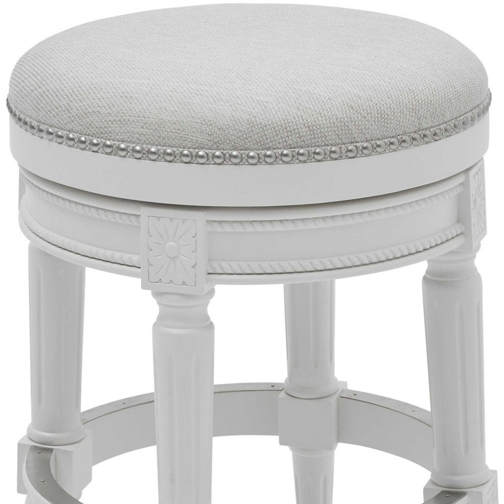 White Solid Wood & Fabric Backless Counter Height Swivel Bar Chair