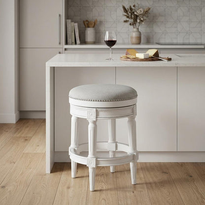 White Solid Wood & Fabric Backless Counter Height Swivel Bar Chair