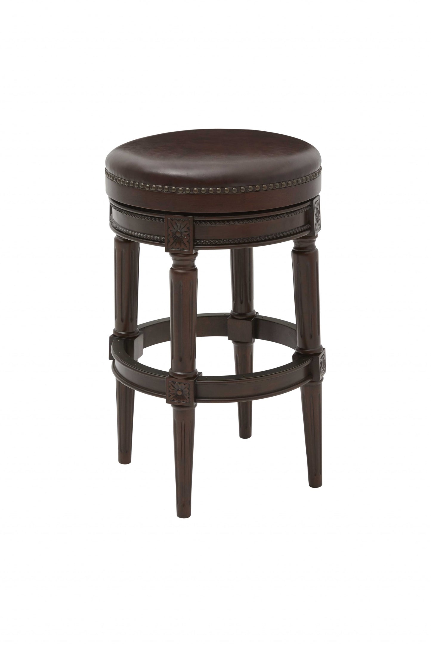 Brown Faux Leather & Solid Wood Backless Counter Height Swivel Bar Chair